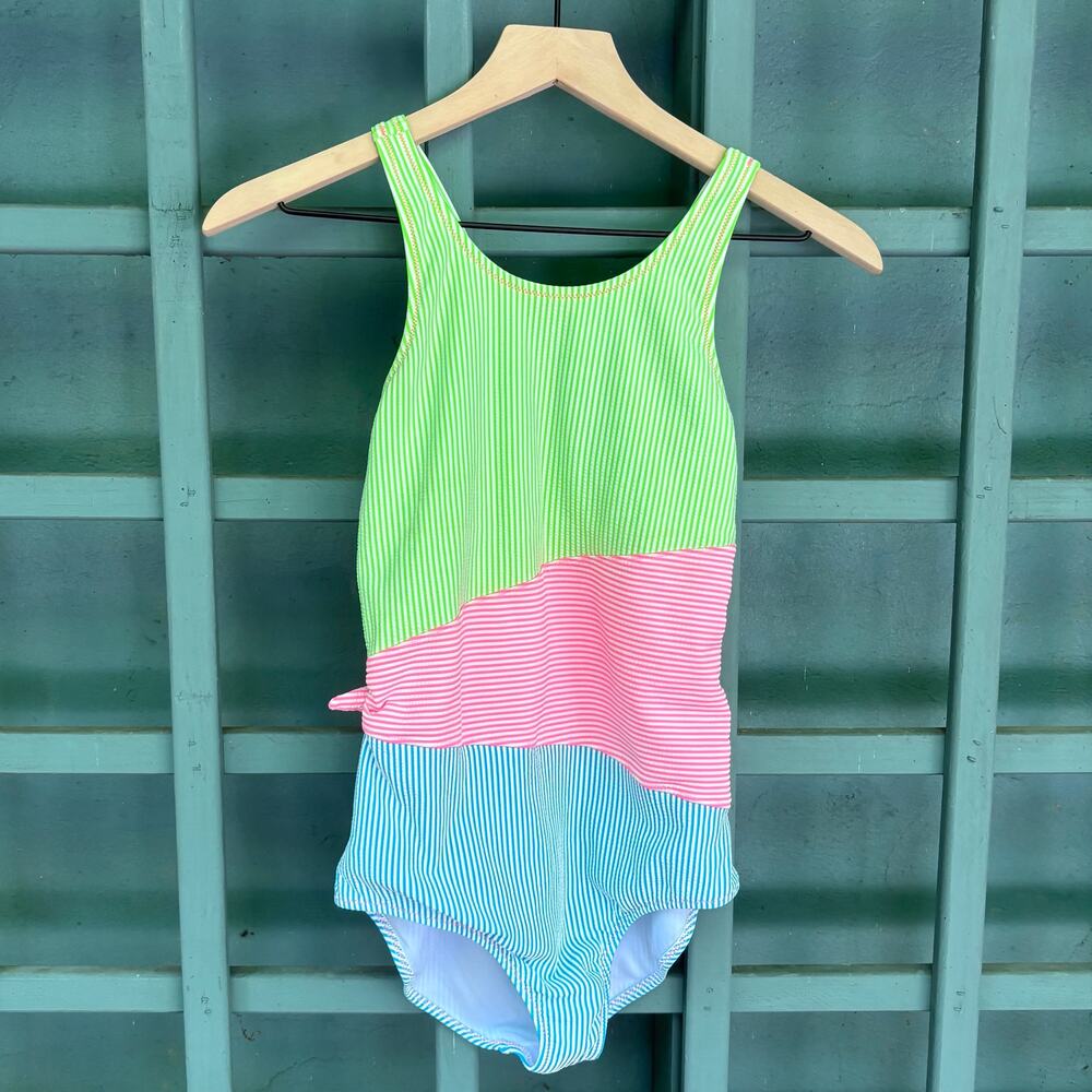 Lands' End Girls Color-block Seersucker One Piece Swimsuit Size 16